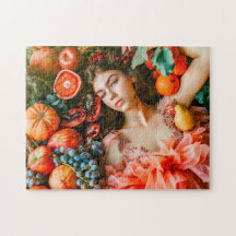Mulher reclinada entre frutas e pétalas