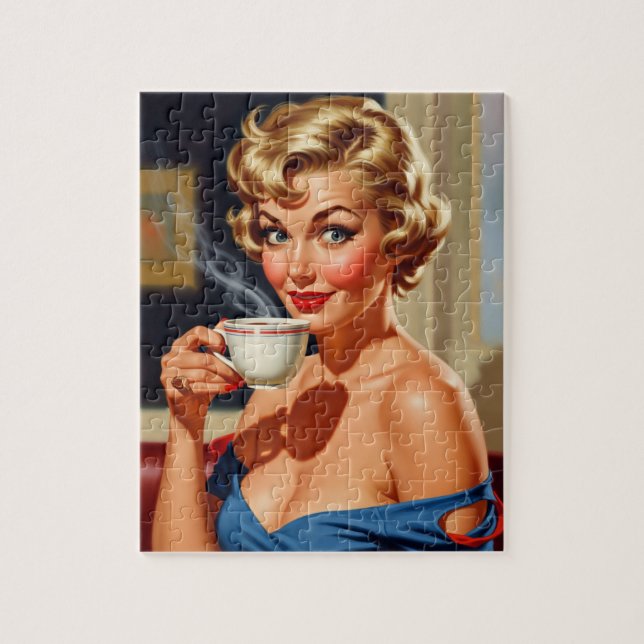Quebra-cabeça Mulher Retro Bonita com uma xícara de café (Vertical)