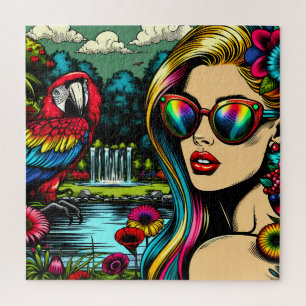 Quebra-cabeça Mulher Retro e Papagaio no Parque Pop Art