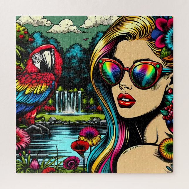 Quebra-cabeça Mulher Retro e Papagaio no Parque Pop Art (Vertical)
