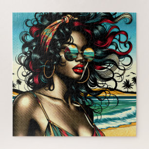 Quebra-cabeça Mulher Retro na Praia Estilo Cômico Pop Art