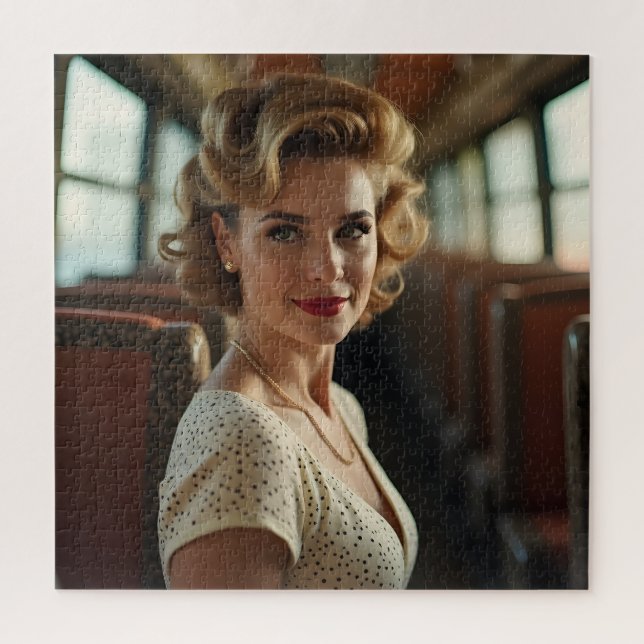 Quebra-cabeça Mulher retrô vintage no trem (Vertical)