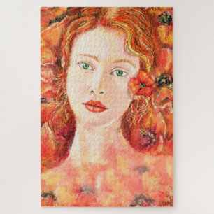 Quebra-cabeça Mulher Ruiva Bonita de Olhos Verdes Pintura Origin