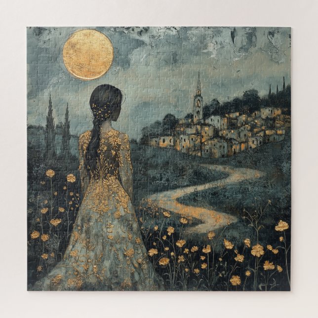 Quebra-cabeça Mulher Superando a Cidade à Lua (Vertical)