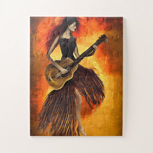 Quebra-cabeça Mulher tocando violão vermelho céu Abstrato arte o