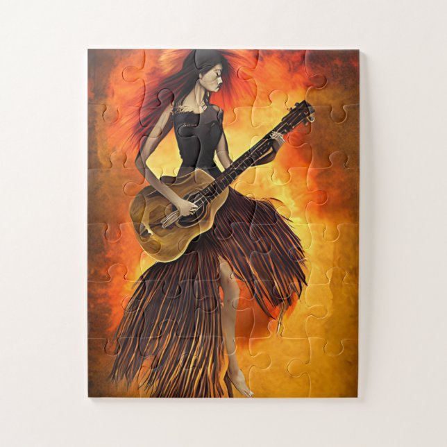 Quebra-cabeça Mulher tocando violão vermelho céu Abstrato arte o (Vertical)