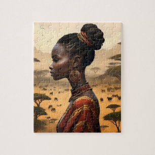 Quebra-cabeça Mulher Tribal A Observar A Sua Paisagem Africana.