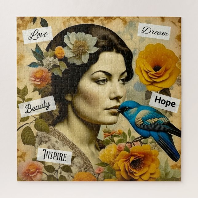 Quebra-cabeça Mulher Vintage Linda com Pássaro Azul (Vertical)