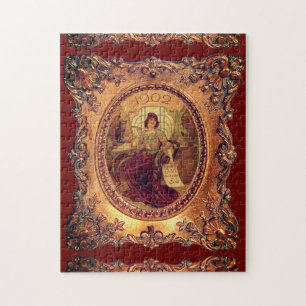 Quebra-cabeça Mulher vitoriana quadro elegante vermelho-dourado
