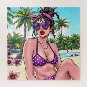 Quebra-cabeça Mulheres em Purple Bikini e Bandanna na praia