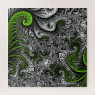 Quebra-cabeça Mundo Fantasia Verde e Cinza Arte Fractal Abstrata
