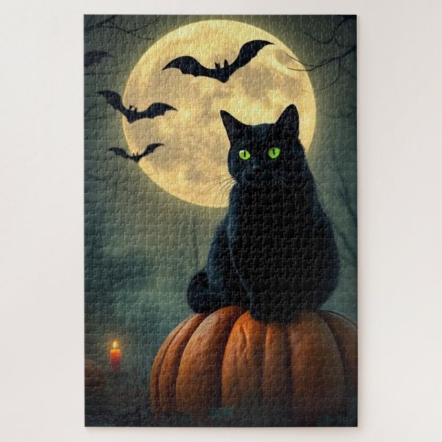 Quebra-cabeça Mystic Glowing Black Cat Puzzle – Halloween Magic  (Vertical)