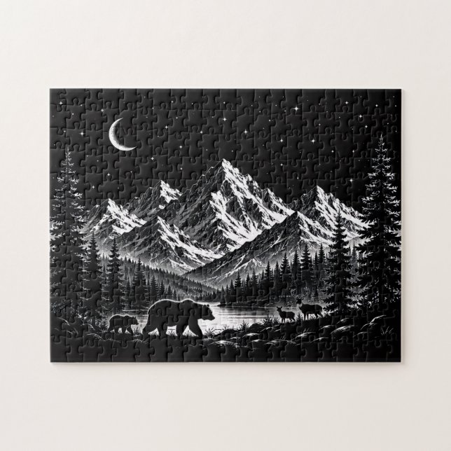 Quebra-cabeça Mystic Mountain Wilderness Night Linocut Estilo (Horizontal)