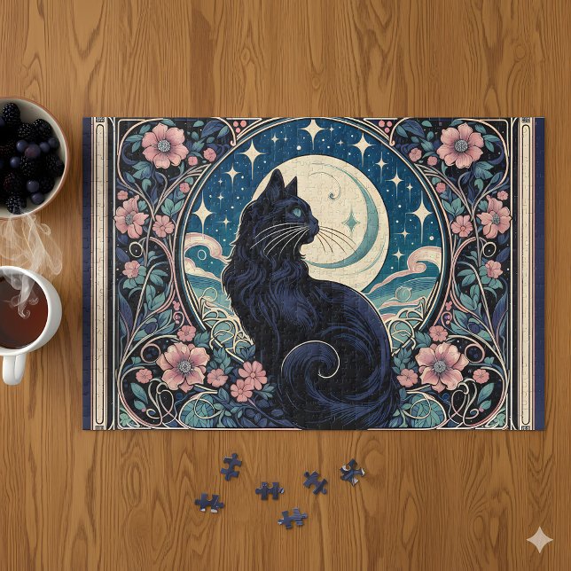Quebra-cabeça Mystical Black Art Nouveau (Mystical Black Cat Art Nouveau Jigsaw Puzzle Mockup A)