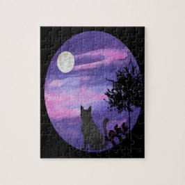 Quebra-cabeça Mystical Cat Under Moon – Dreamy Purple Night Wate