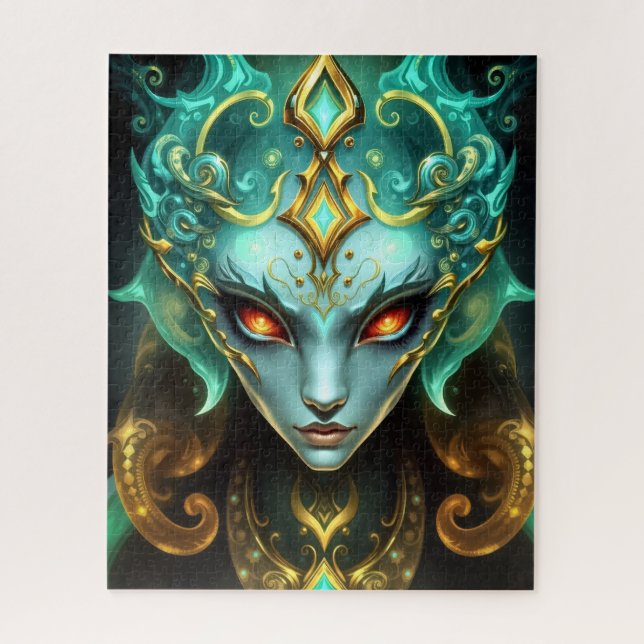 Quebra-cabeça Mystical Emerald Goddess with Glowing Ember Eyes (Vertical)