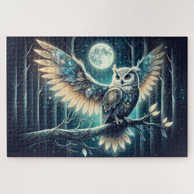 Quebra-cabeça Mystical Moon Owl Celestial Forest Glow (Horizontal)