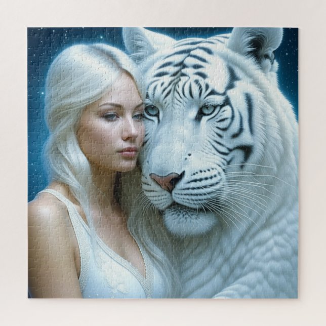 Quebra-cabeça Mystical White Tiger e Mulher (Vertical)