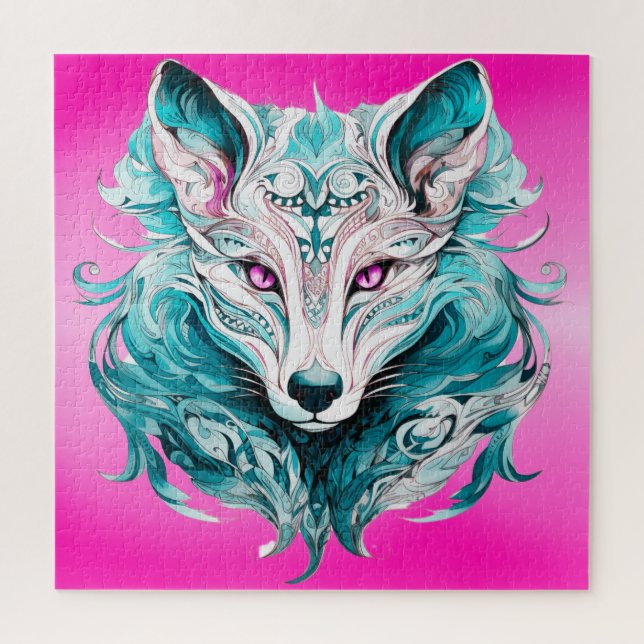 Quebra-cabeça Mystical Wolf | Turquesa Elegante e Lobo Rosa (Vertical)