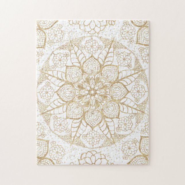 Quebra-cabeça Na moda Boho White Dourado Mandala Floral (Vertical)