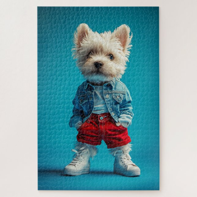 Quebra-cabeça Na moda Westie Pup em Denim e Sneakers (Vertical)
