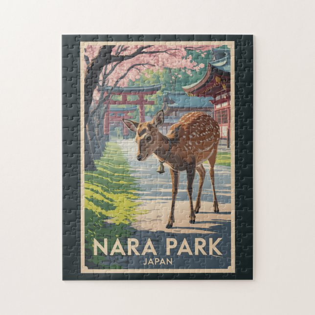Quebra-cabeça Nara Park Japan Deer Illustration Travel Art Retro (Vertical)