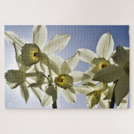 Quebra-cabeça Narcissen die bloeien met een lente blauwe lucht