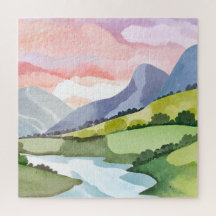 Nascente na encosta da montanha verde | Aquarela