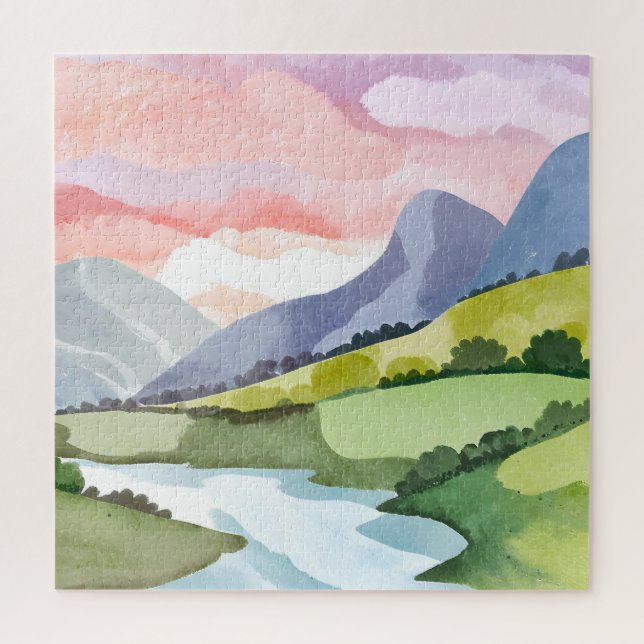 Quebra-cabeça Nascente na encosta da montanha verde | Aquarela (Vertical)