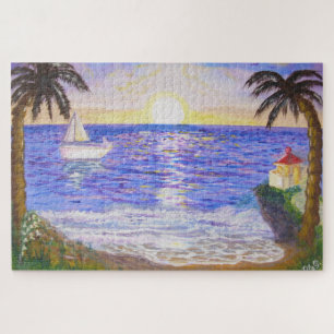 Quebra-cabeça Nascer do sol no oceano, paisagem costeira, arte d