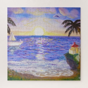Quebra-cabeça Nascer do sol no oceano, paisagem costeira, arte d