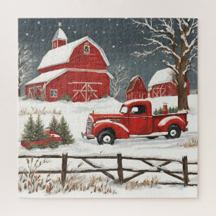 Quebra-cabeça Natais vintages Red Truck, Barn, Countryside