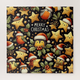 Quebra-cabeça Natal adoráveis Robins e estrelas douradas