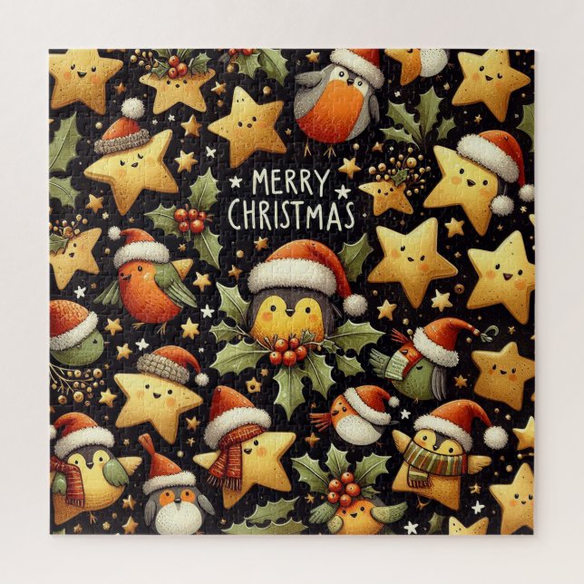Quebra-cabeça Natal adoráveis Robins e estrelas douradas (Vertical)