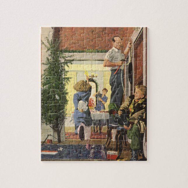 Quebra-cabeça Natal Antigo, Família Decorando a Casa (Vertical)