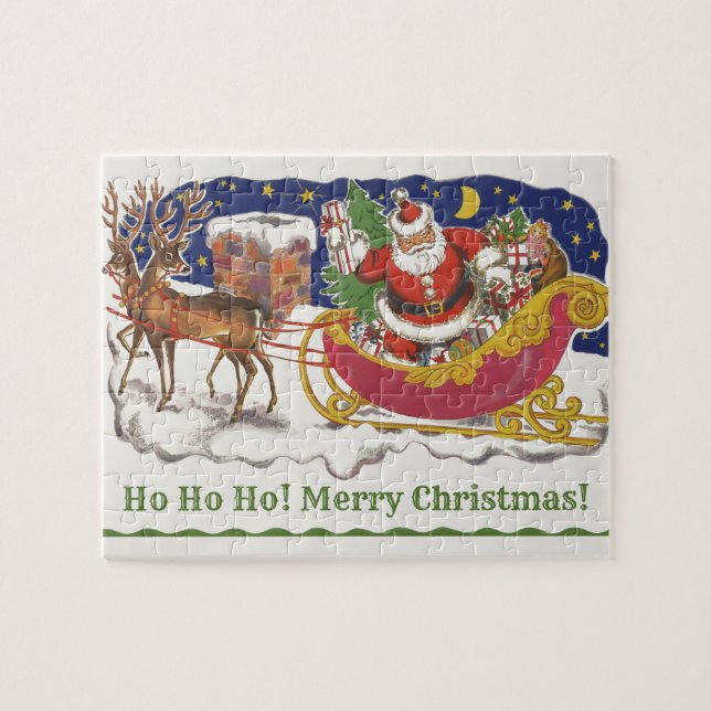 Quebra-cabeça Natal Antigo, Papai Noel Alegre com Trenó (Horizontal)