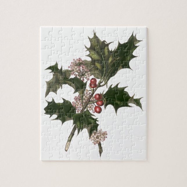 Quebra-cabeça Natal Antigo, Planta de Azevinho Verde com Frutas (Vertical)
