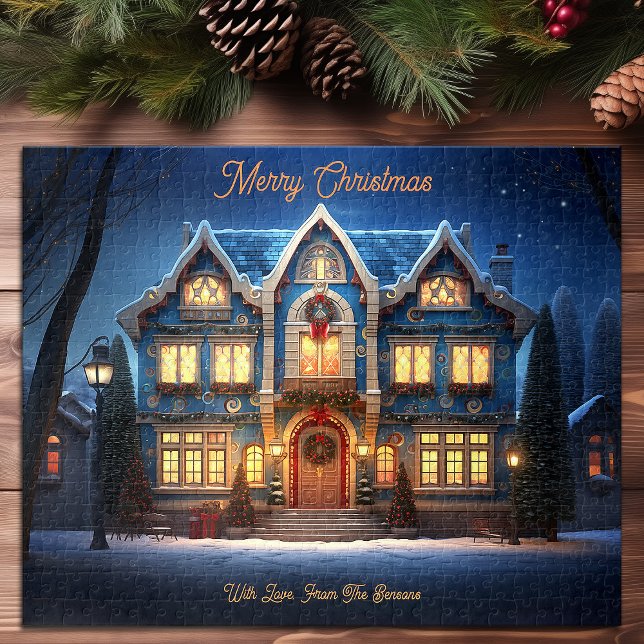 Quebra-cabeça Natal Casa Neve Inverno Noite de Inverno Arte Feri (Christmas Home Snowy Winter Night Sky Holiday Art Jigsaw Puzzle)
