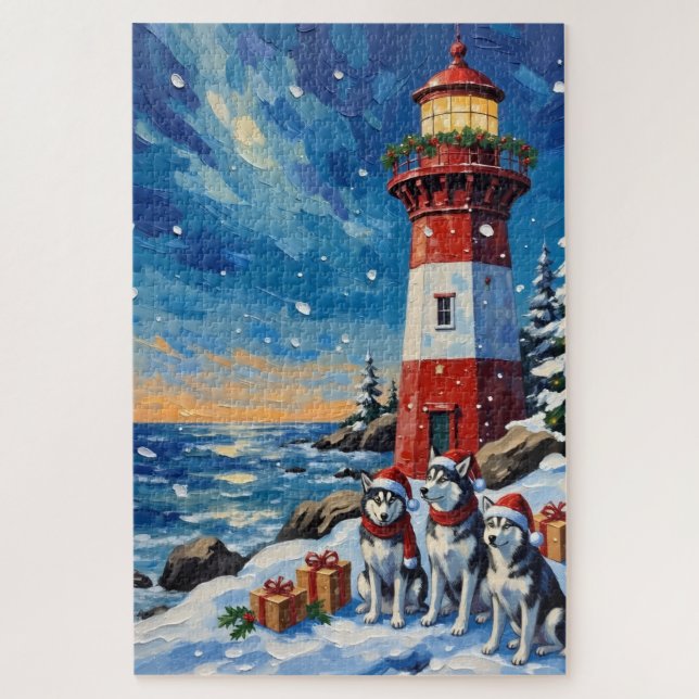 Quebra-cabeça Natal da Casa de Luz com Husky Siberiano (Vertical)