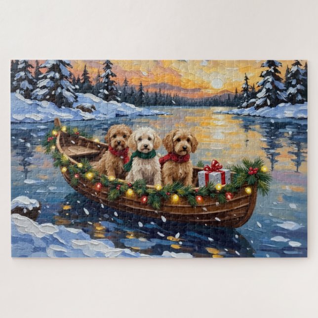 Quebra-cabeça Natal de barco de Cockapoo (Horizontal)