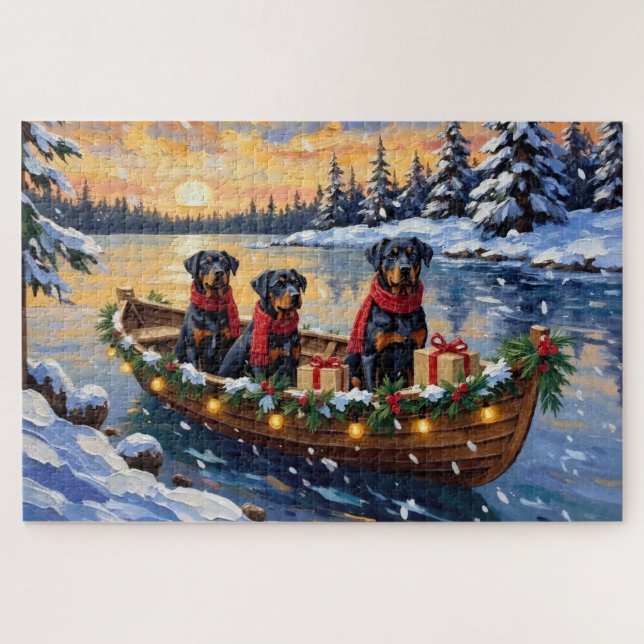 Quebra-cabeça Natal de barco de Rottweiler (Horizontal)