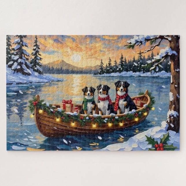 Quebra-cabeça Natal de barco do Australian Shepherd (Horizontal)