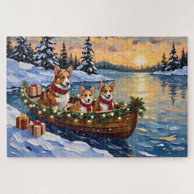Quebra-cabeça Natal de barco do Corgi (Horizontal)