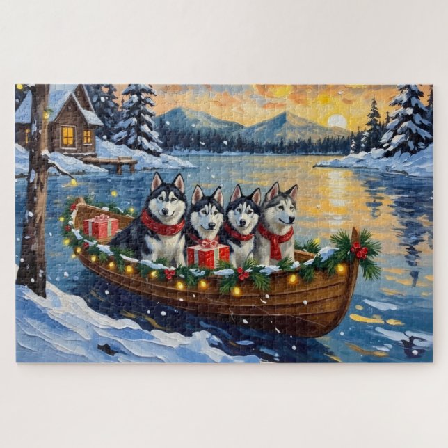 Quebra-cabeça Natal de barco do Malamute do Alasca Férias (Horizontal)