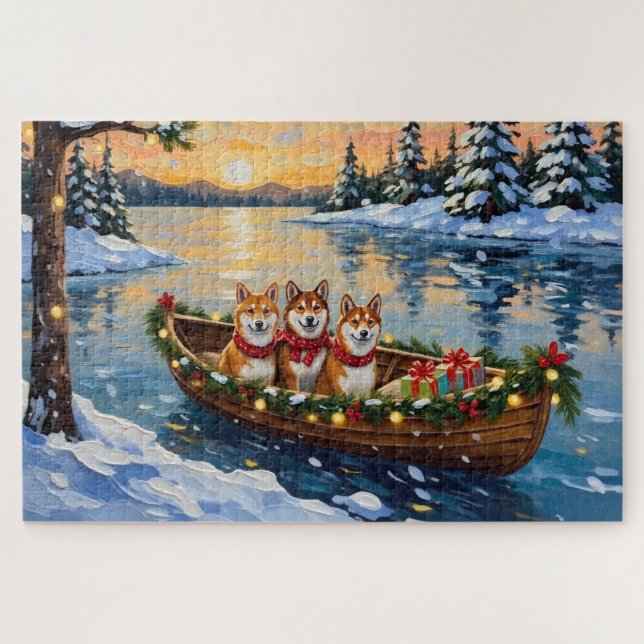 Quebra-cabeça Natal de barco do Shiba Inu Férias (Horizontal)