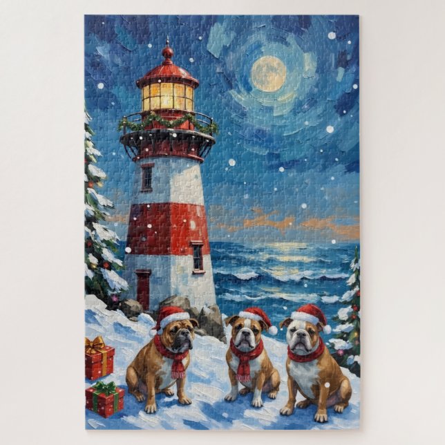 Quebra-cabeça Natal do Bulldog com Farol de Férias (Vertical)