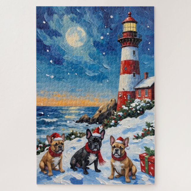 Quebra-cabeça Natal do Bulldog Francês Farol de Férias (Vertical)