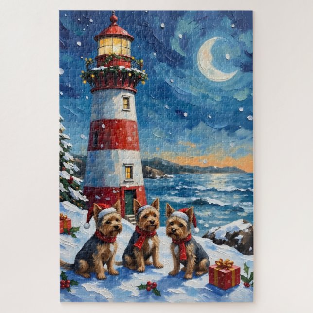Quebra-cabeça Natal do Yorkshire Terrier com Farol de Natal (Vertical)