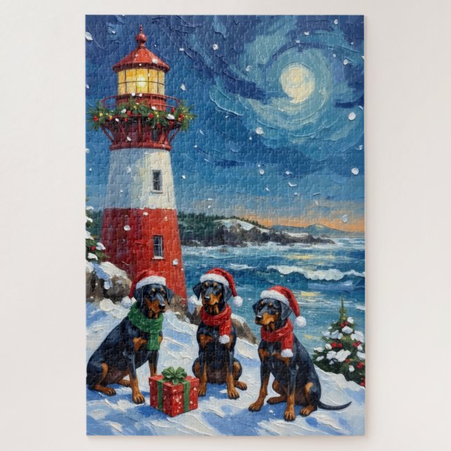 Quebra-cabeça Natal Doberman Pinscher Farol de Férias (Vertical)