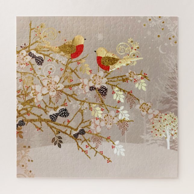 Quebra-cabeça Natal Dourado do País das Aves de Neve (Vertical)